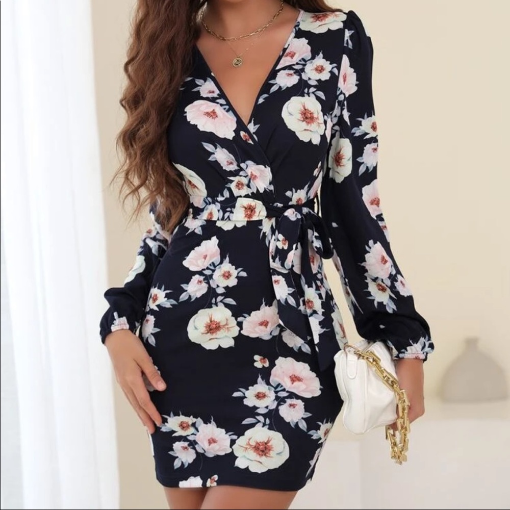 Floral Print Surplice Neck Belted Dress